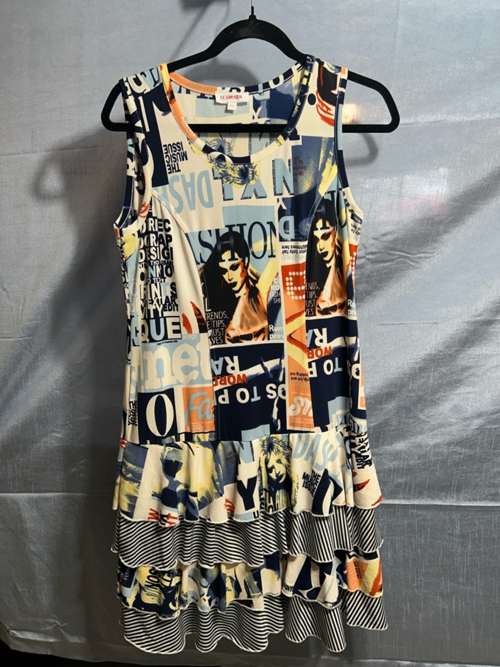 LE GRENIER Graphic Print Ruffled Hem Tank Dress in Navy, Cream & Orange